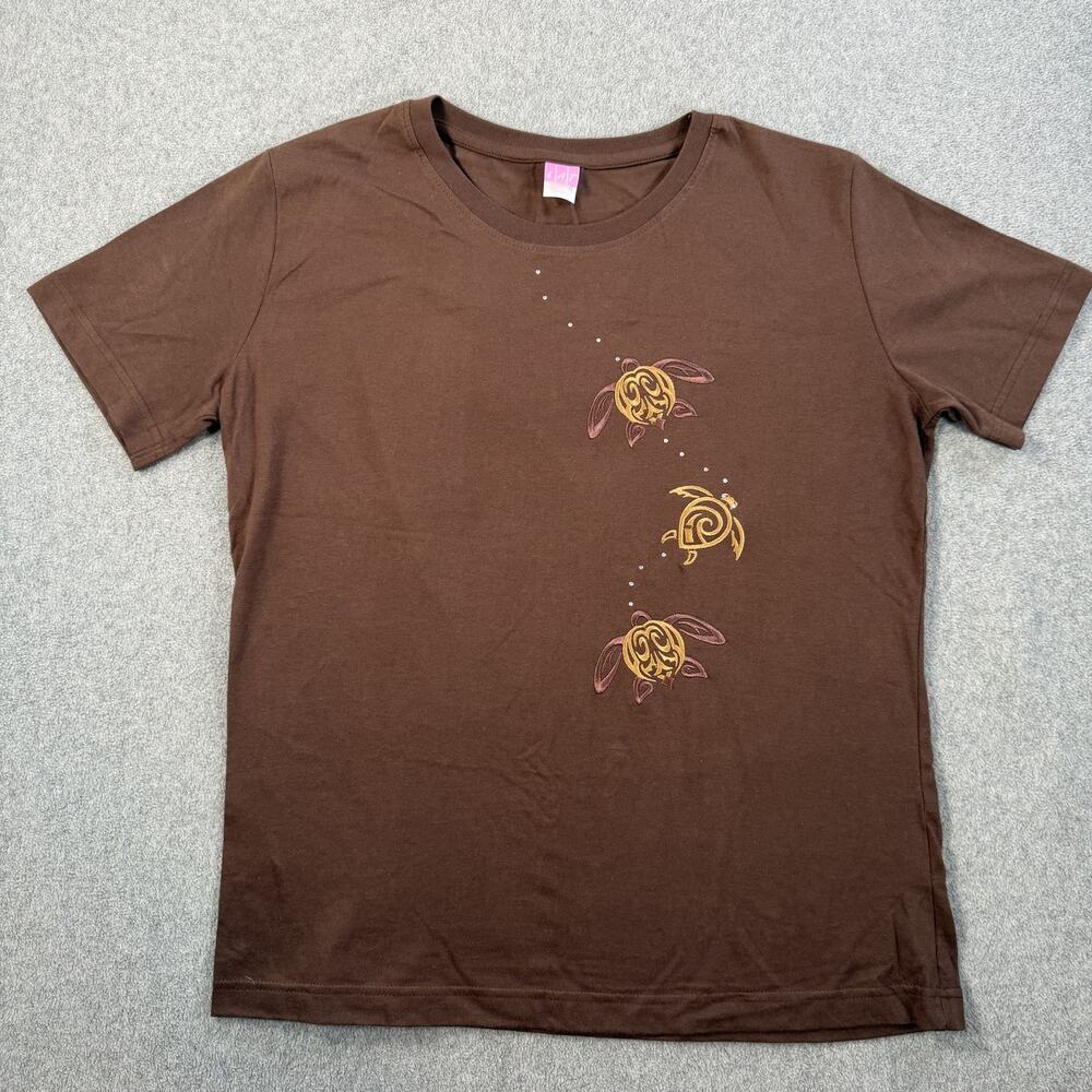 Sea Turtle Embroidered Rhinestone Crew Neck T-Shirt Women's Large LAT Brown